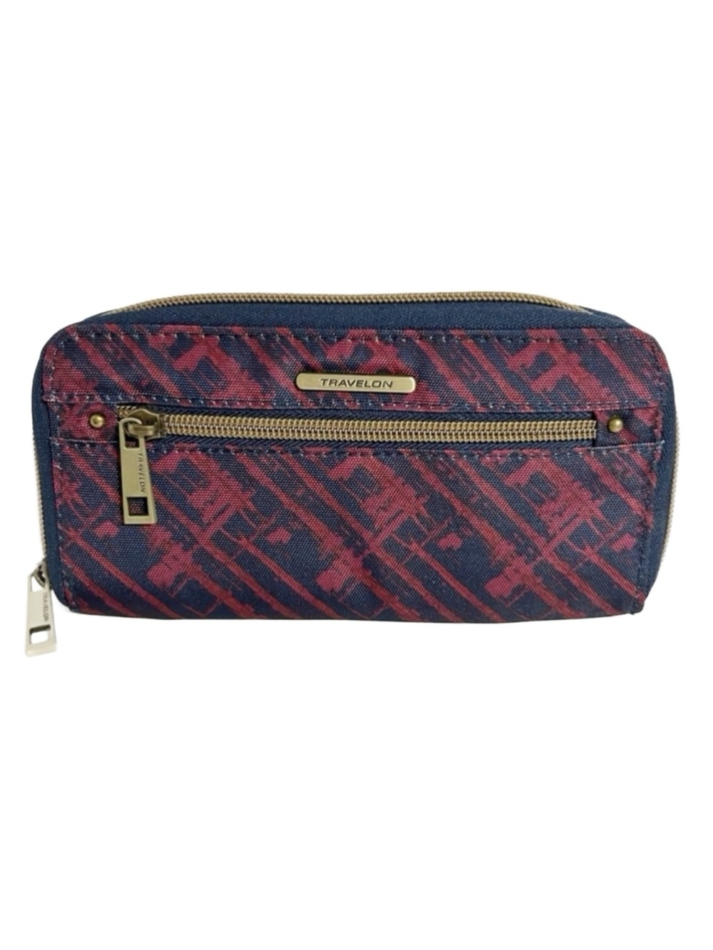 Travelon RFID Blocking Zip Around Travel Clutch Wallet Red and Blue Patterned